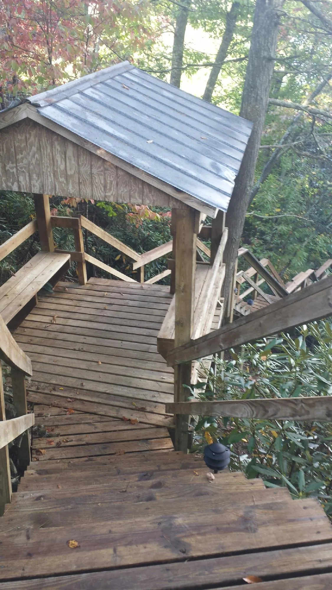 Metal roofed shelter over wooden steps on a wooded walkway — Skylight Repair & Installation work by our crew in Wrightsville Beach